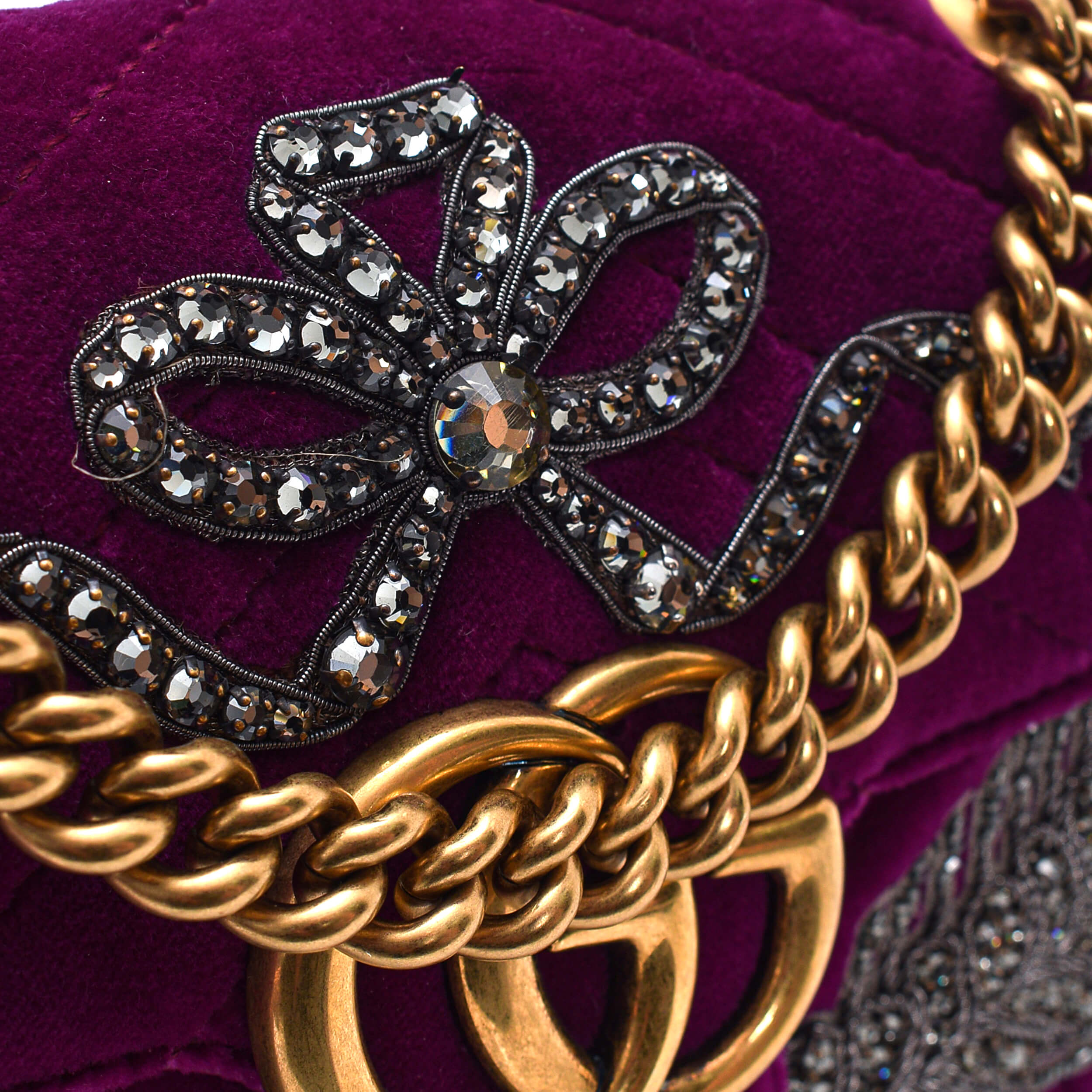 Gucci - Purple Velvet Crystal Embellished Smal Marmont Matelasse Bag